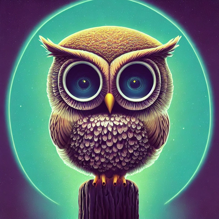 Stylized owl illustration with vivid blue eyes on teal backdrop