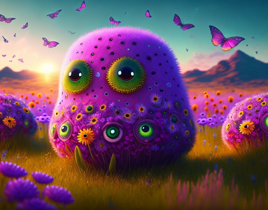 Vibrant creatures and floral patterns in colorful landscape