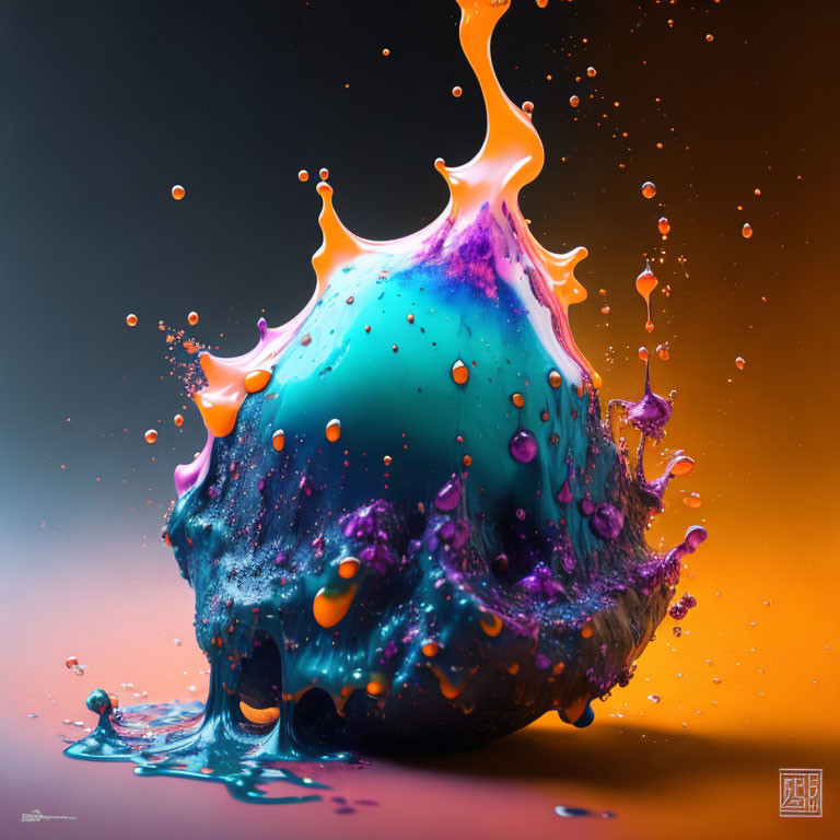 Colorful Liquid Splash: Blue, Orange, Purple on Gradient Background