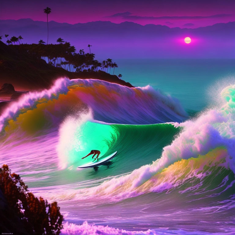 Surfer riding large wave at sunset on tropical coast with vibrant colors.