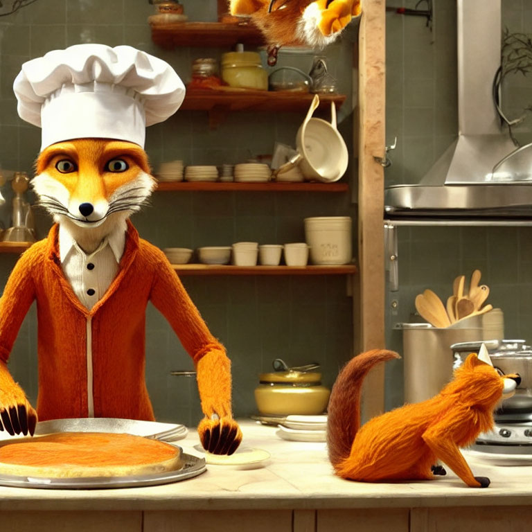 Animated Fox Chef in Kitchen Cooking with Utensils and Ingredients