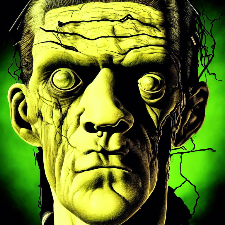 Square-headed Frankenstein's monster with scars and yellow-green skin in eerie lighting