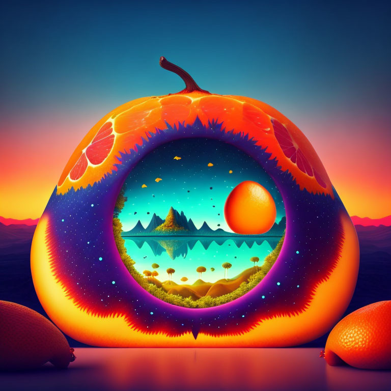 Vibrant landscape inside a hollow pumpkin: mountains, lake, glowing sky