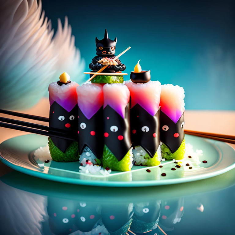 Whimsical black cat-themed sushi setup with miniature character and chopstick