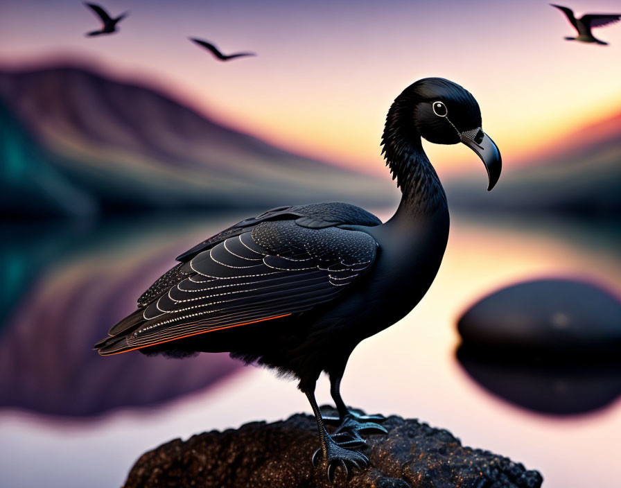 Black bird perched on rock under purple-orange sunset sky with mountains and flying birds.