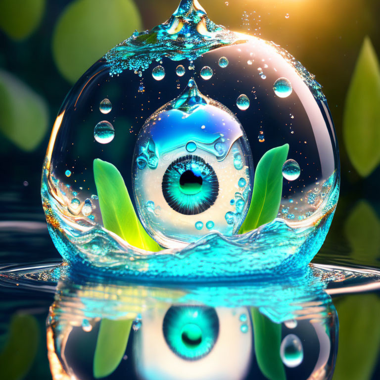 Digital artwork: Vibrant water droplet with eye, splashing water and leaves on blurred background