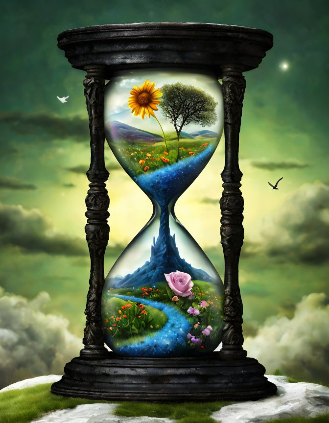 Hourglass with nature scene: sunflowers, tree, river, rose, clouds, starry sky