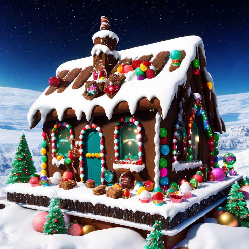 Colorful Candies and Icing on Festive Gingerbread House in Snowy Landscape