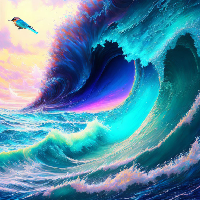 Colorful digital artwork: Blue wave under sunset sky with flying bird