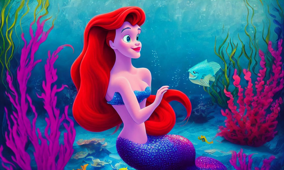 Smiling red-haired mermaid with purple tail in colorful underwater scene