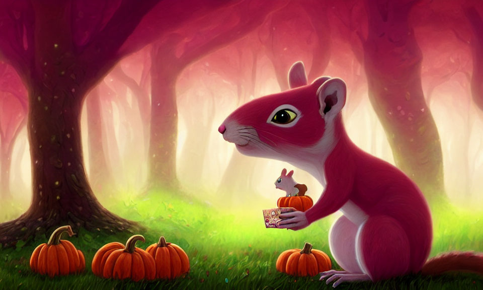 Whimsical pink squirrel with tiny squirrel in magical forest among pumpkins