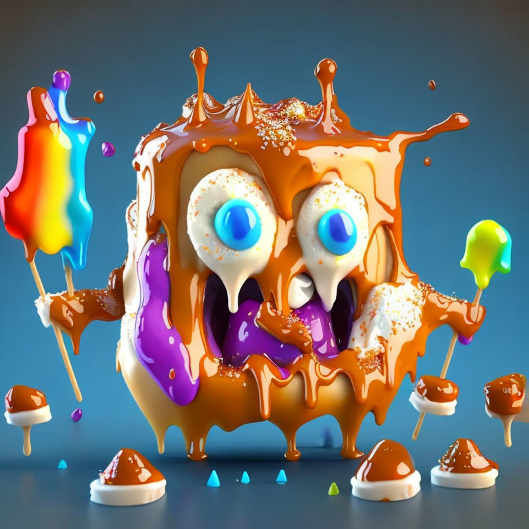 Colorful 3D illustration of whimsical melting creature with vibrant paint drips and ice cream-like