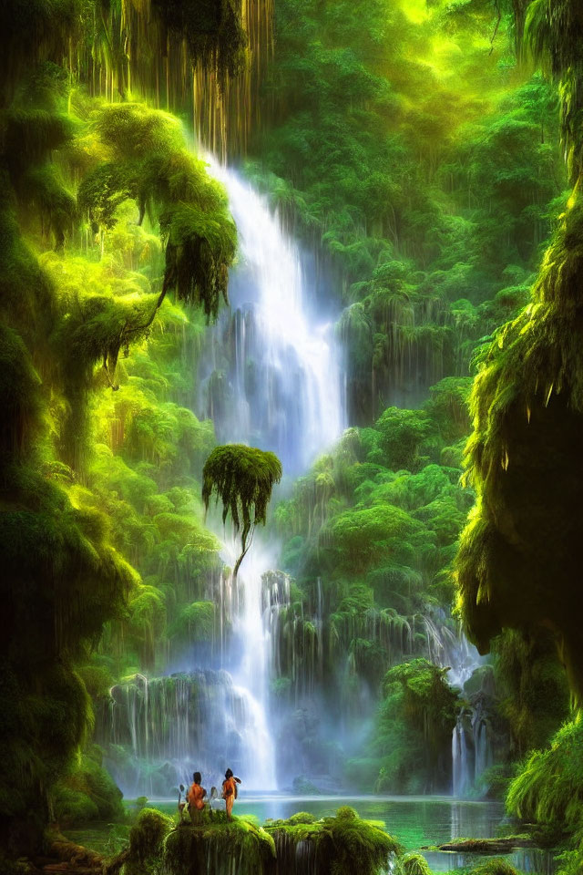 Majestic waterfall in lush greenery with ethereal lighting and three individuals