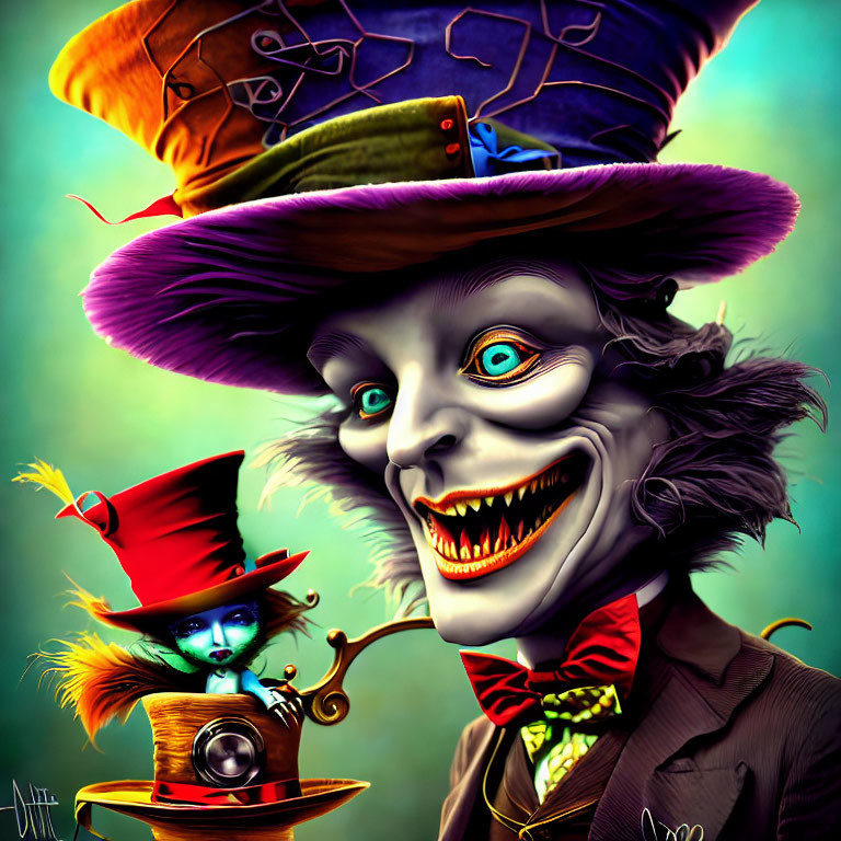 Colorful Mad Hatter illustration with wide grin and mini female figure on hat.