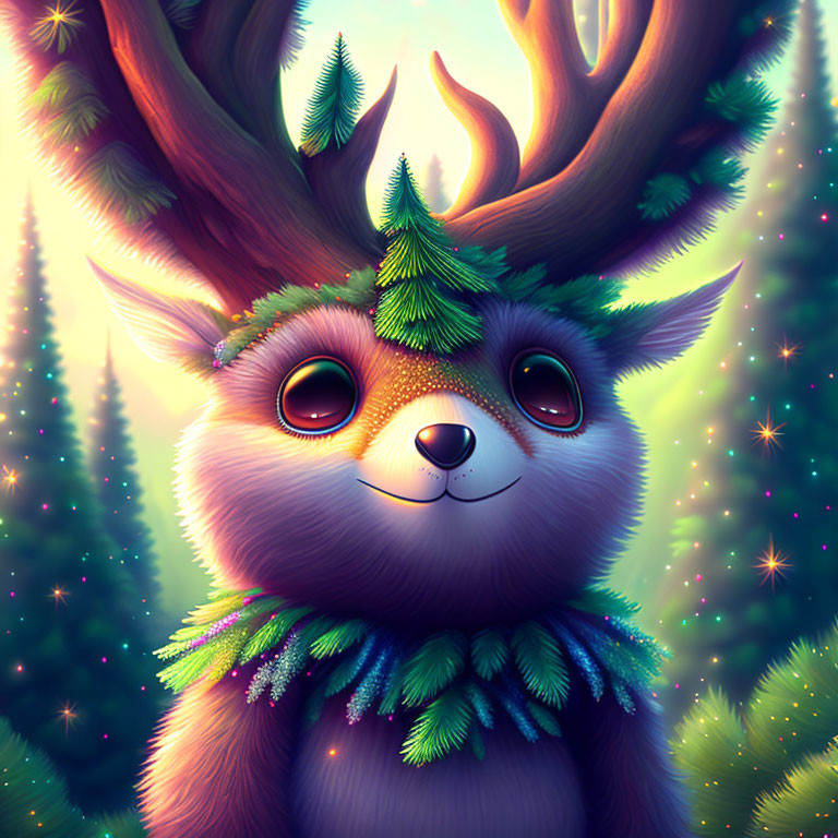 Illustration of Cute Deer with Sparkling Eyes and Forest Elements