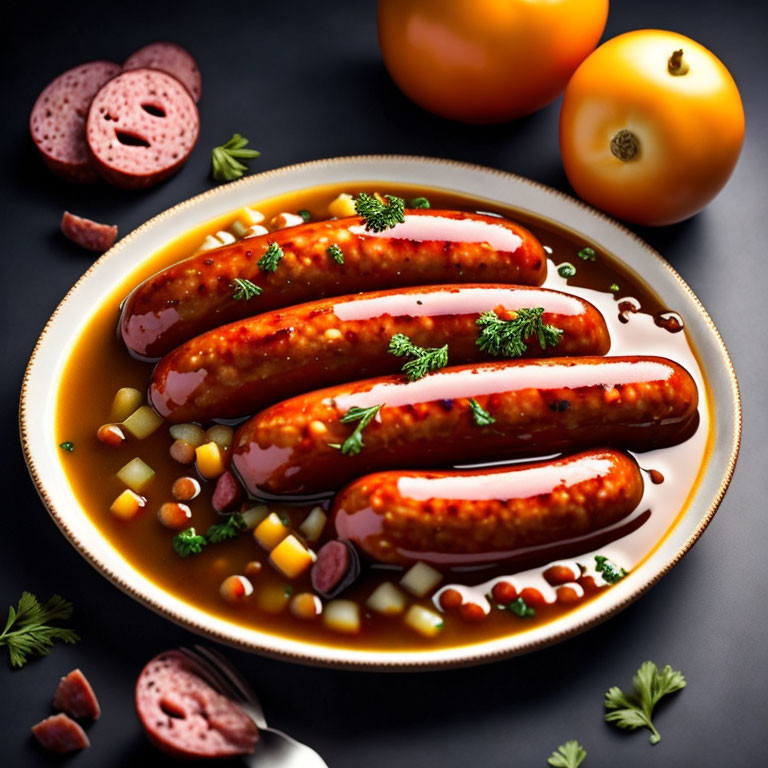 Grilled Sausages on Mustard-Spiced Sauce with Diced Vegetables and Tomato