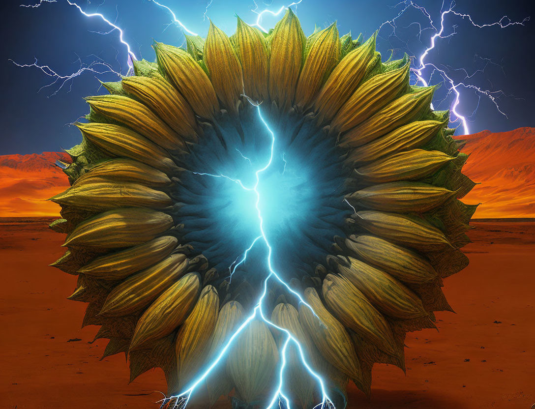 Sunflower with blue electric arc in desert landscape with lightning