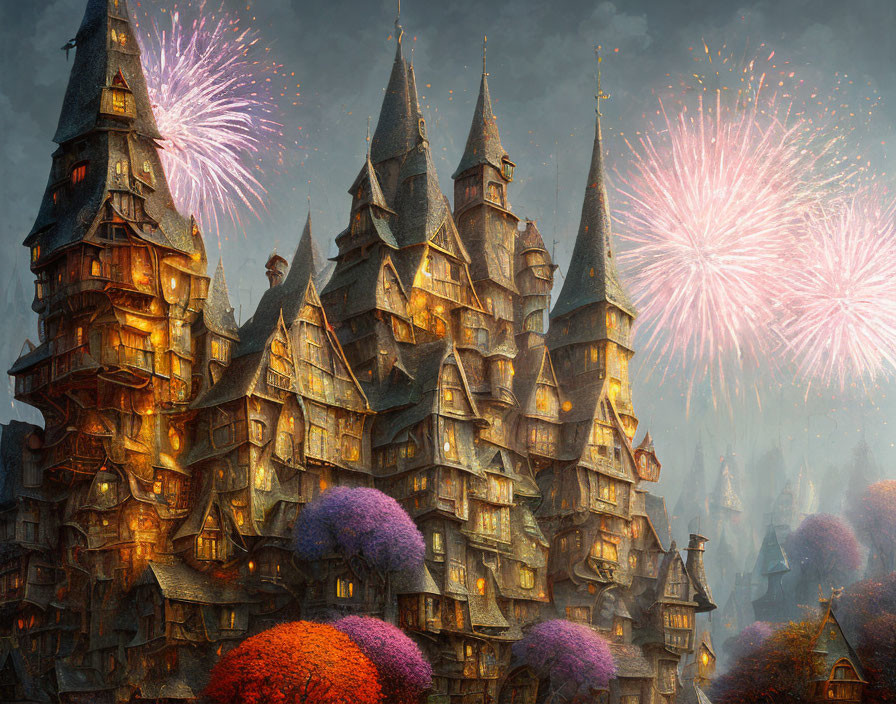 Medieval castle with illuminated windows and fireworks at twilight