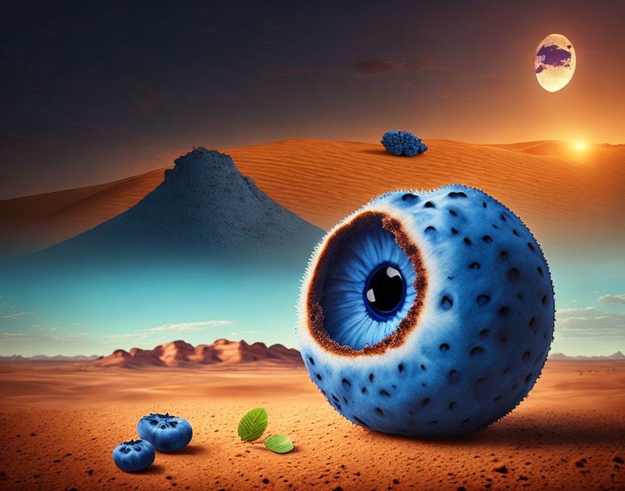 Surreal desert landscape with giant blueberry, eye, small blueberries, leaf, sand d