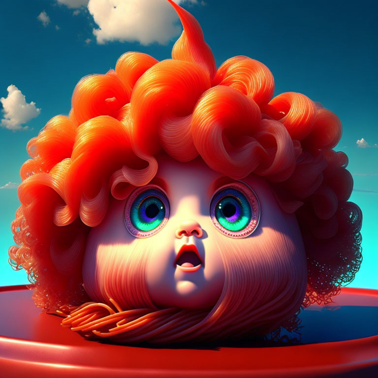 Surreal 3D illustration: Character with vivid blue eyes and curly orange hair on blue sky