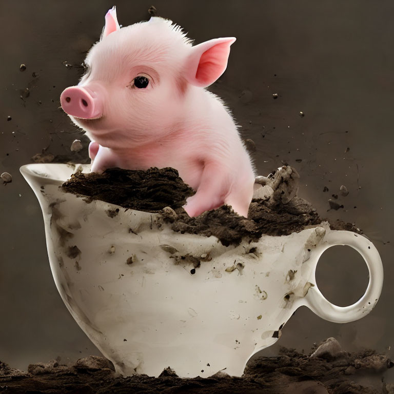 Tiny piglet in teacup with soil and splattering dirt on dark background