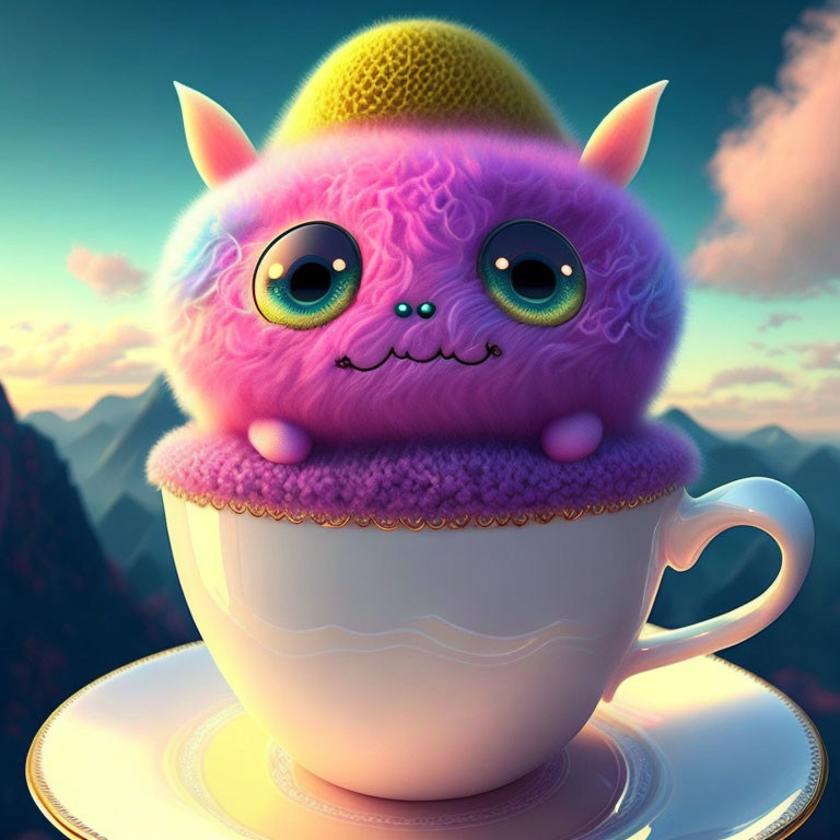 Pink fluffy creature with horns in teacup against sunset mountains