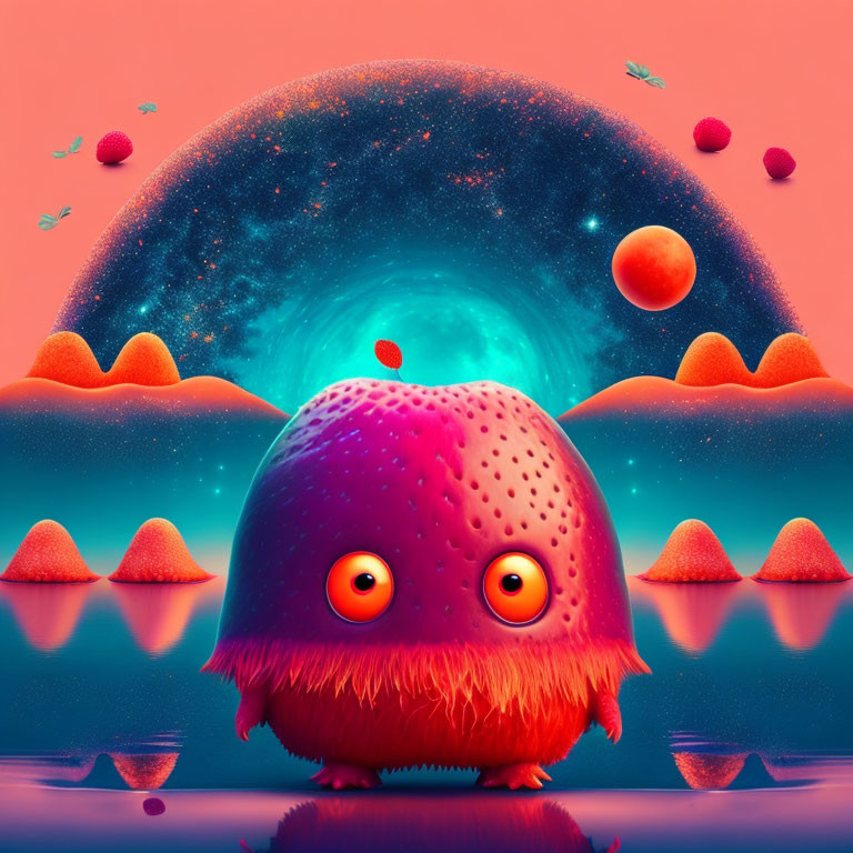 Colorful landscape with whimsical creature and cosmic sky