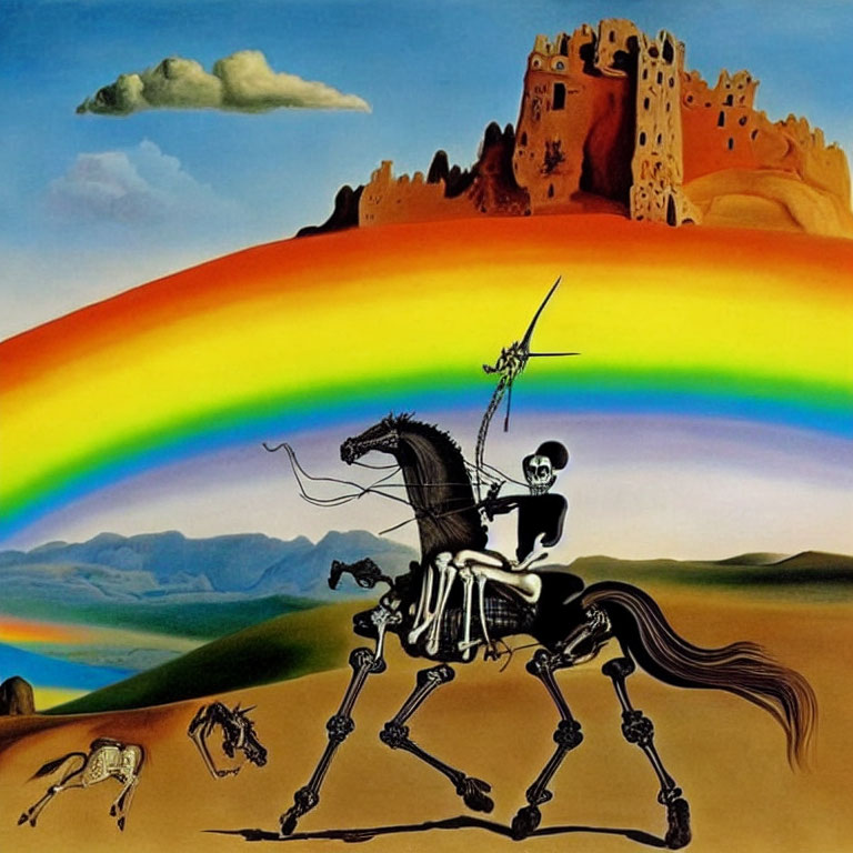 Surreal painting: skeleton on horse with lance, rainbow, desert castle