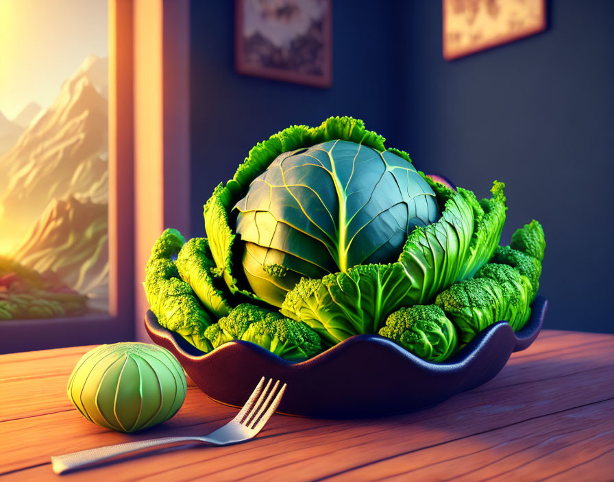 Stylized cabbage brain in bowl with broccoli, fork, and melon ball on wooden table against