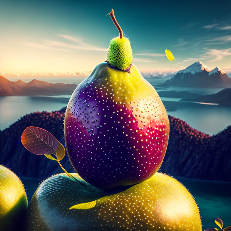 Surreal landscape with oversized pear-like fruits, blue lake, and mountains at sunset