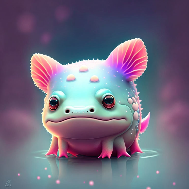 Whimsical chubby pink and blue axolotl on soft purple background