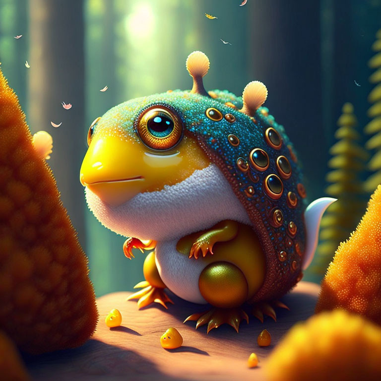 Colorful illustration of chubby, yellow frog-like creature in forest with small orange creatures