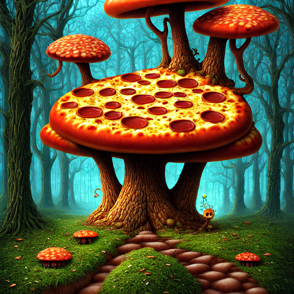 Forest with Pepperoni Pizza Trees and Mushroom Slices on Cobblestone Path