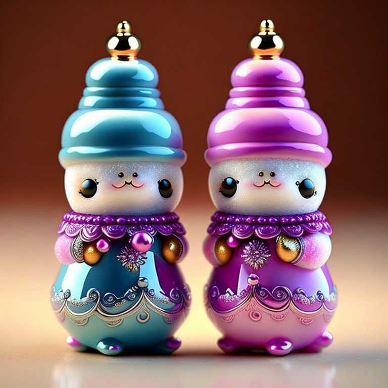 Ornamental Snowman Figurines in Pastel Blue and Purple Hues