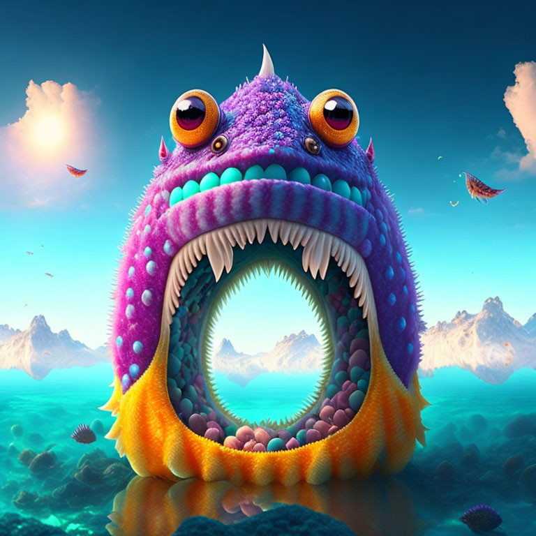 Vibrant Cartoon Sea Monster Illustration in Oceanic Setting