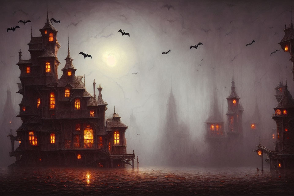 Gothic scene with haunted house, bats, full moon, and lanterns