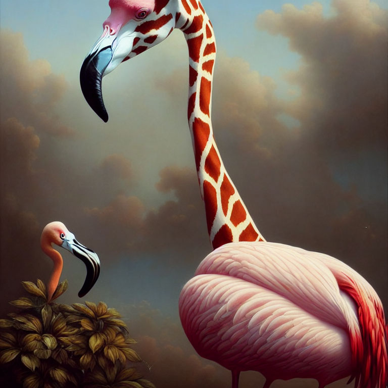 Surreal flamingo with giraffe-like neck beside regular flamingo amid foliage