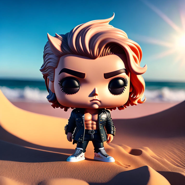Exaggerated vinyl figure on beach with ocean backdrop