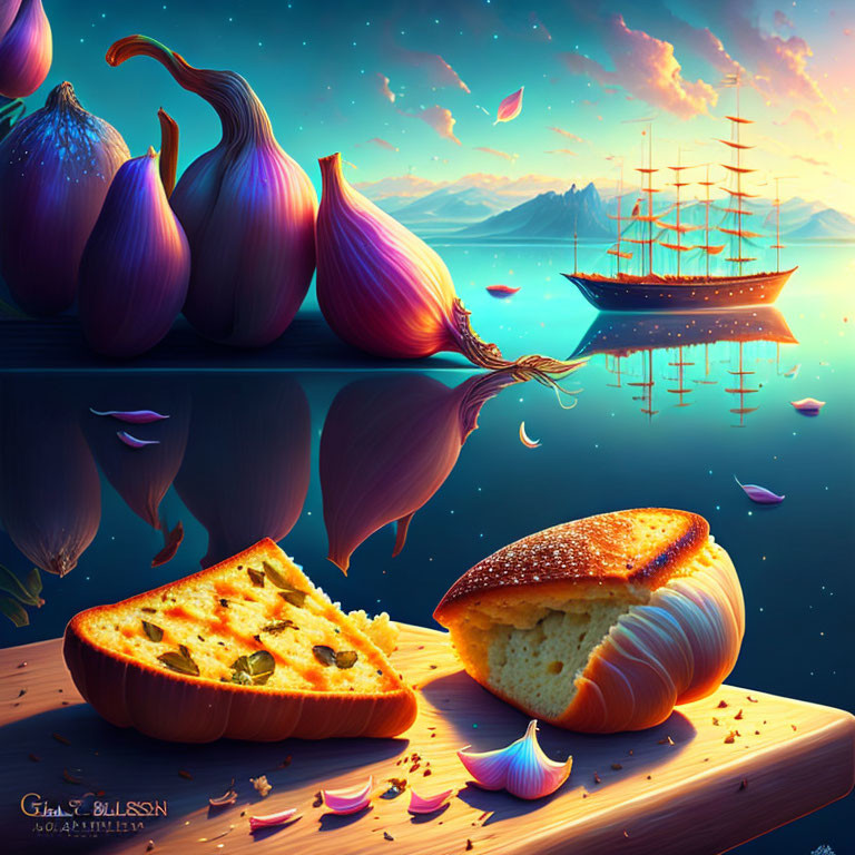 Wooden table by the sea with bread, figs, and sailing ship at twilight