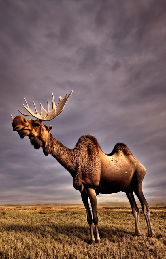 Majestic moose with large antlers in grassy field at dusk