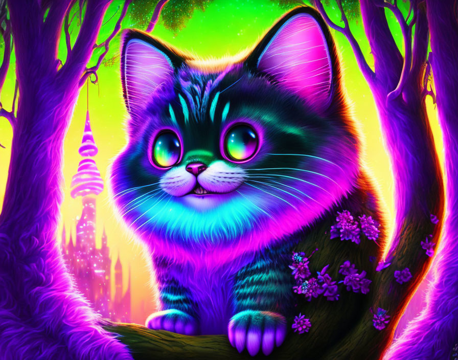 Digital artwork: Blue-striped kitten with glowing green eyes in neon-lit fantasy forest