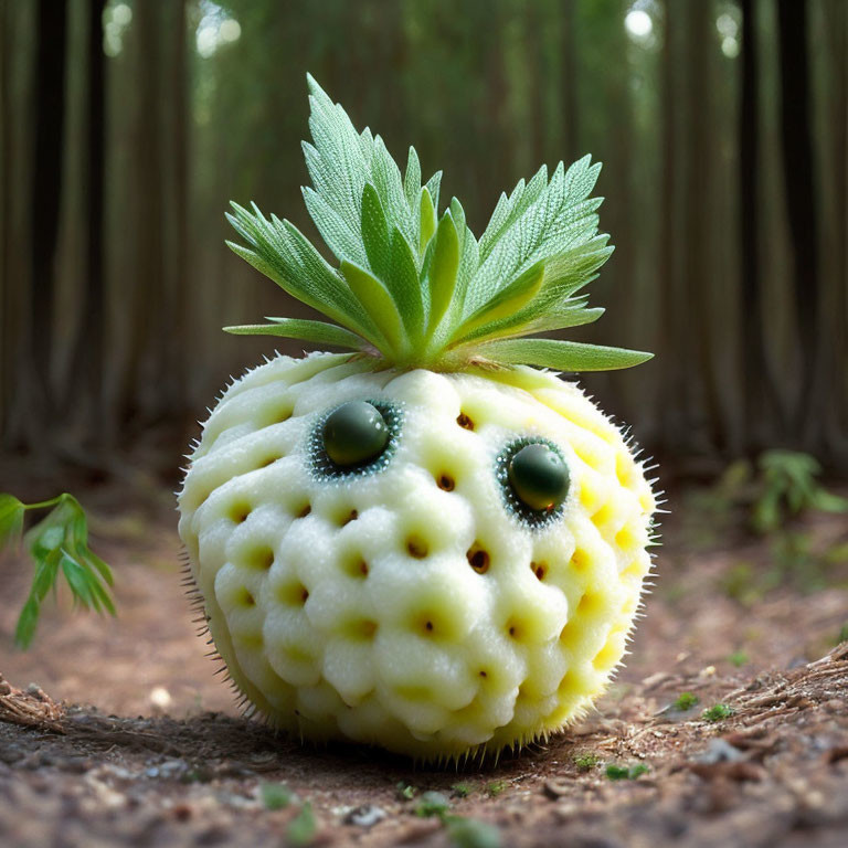 Pineapple-Owl Hybrid with Big Eyes and Leafy Crown in Forest