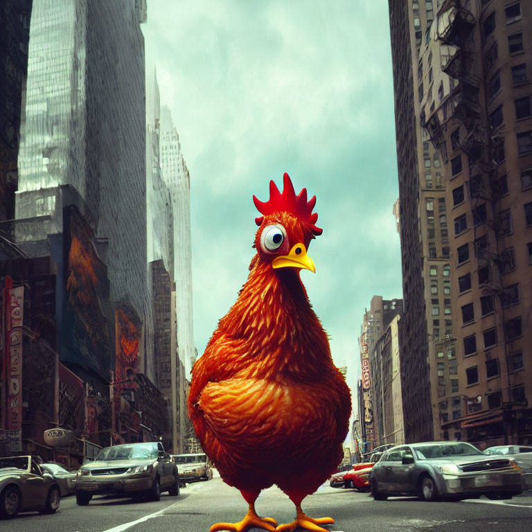 Gigantic cartoon chicken in busy city street with skyscrapers and cars