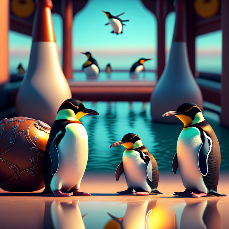 Penguins in surreal indoor scene with vases and arches, bird flying outside