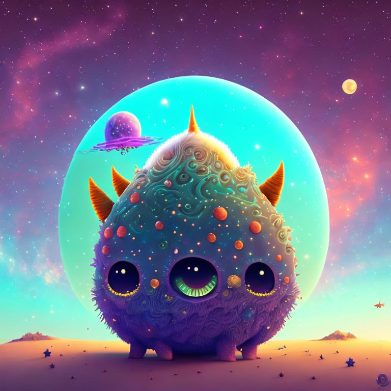 Colorful furry creature with horns in whimsical planetary setting