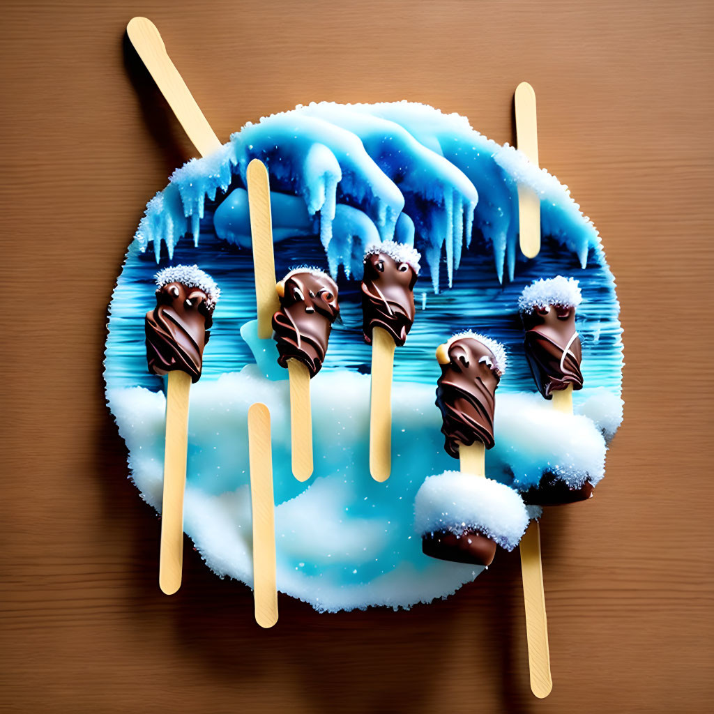 Whimsical winter scene with five ice cream bars on wooden surface