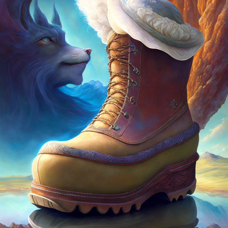 Detailed digital artwork of a brown boot with a fantastical blue wolf and surreal sky