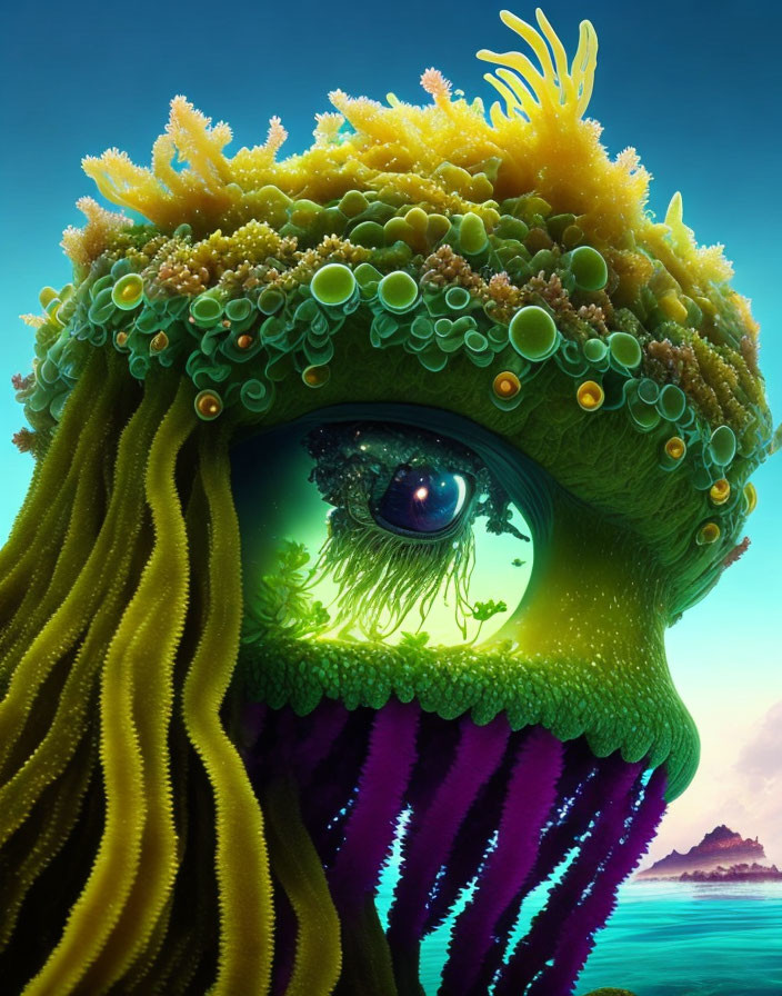 Surreal creature with lush green landscape head and expressive eye