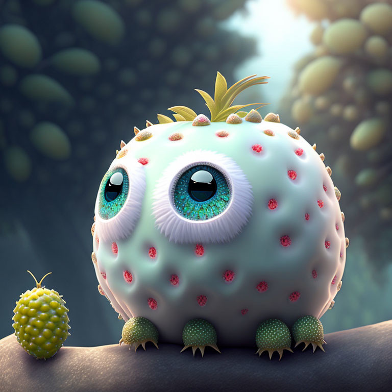 Round white creature with big eyes in whimsical setting with pineapple top