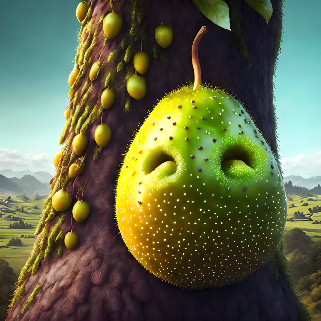 Illustration of whimsical tree trunk with large green fruit and cute sleepy face in lush landscape